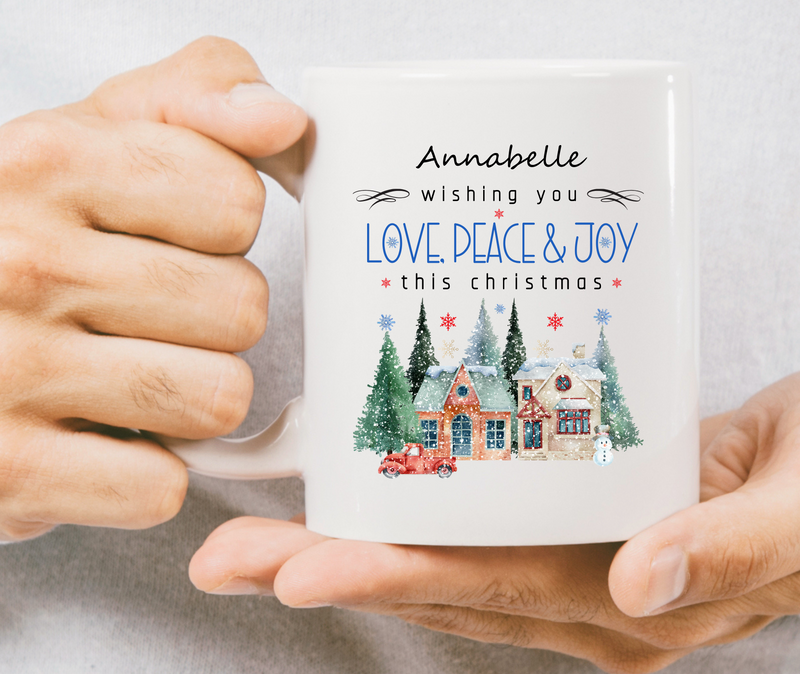 A snowing Christmas scenery with two buildings, pine trees, snowman and a red truck.