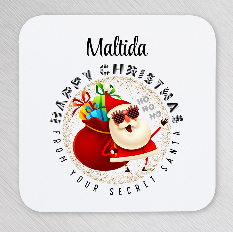 Christmas-themed coaster with a cartoon Santa Claus and text on a white background