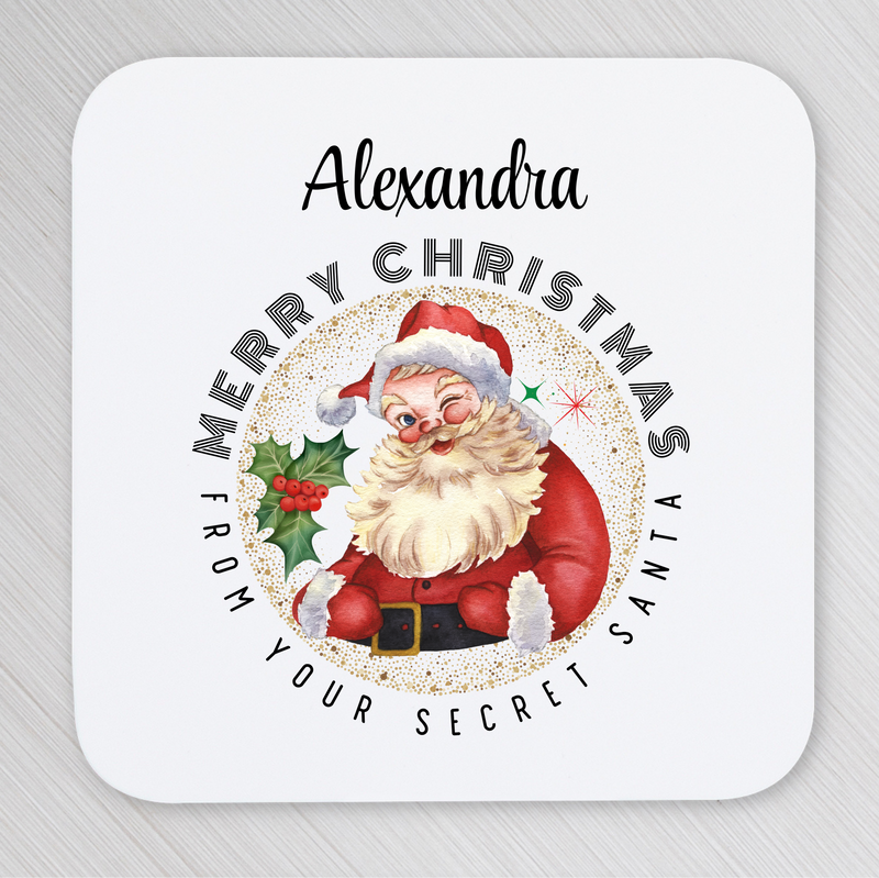 Personalized Christmas coaster with Santa Claus design and text on a gray background