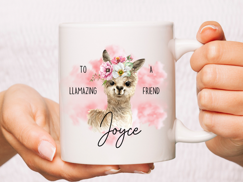 Mug with llama design and text &