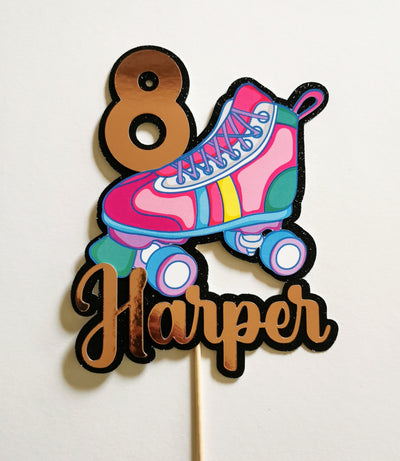 Colorful roller skate cake topper with number 8 and name 'Harper' on a white background
