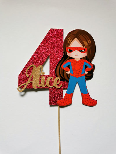 Superhero spidergirl themed birthday cake topper with number 4 and name 'Alice' on a white background