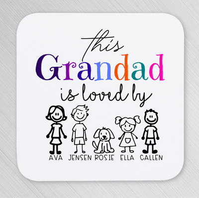 Coaster with colourful text 'This Grandad is loved by' and illustrations of children and a dog on a white background.
