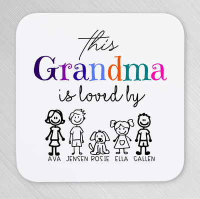 Coaster with text 'This Grandma is loved by' and illustrations of children and a dog on a white background.