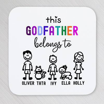 Coaster with stick figure family and text 'This Godfather belongs to' on a white background