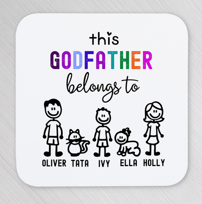 Coaster with stick figure family and text 'This Godfather belongs to' on a white background