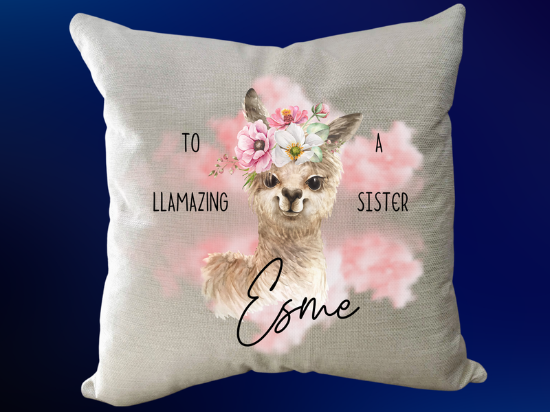Decorative pillow with a llama illustration and text on a blue background