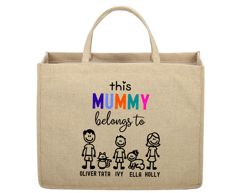 Beige tote bag with colorful text and family illustrations on a white background