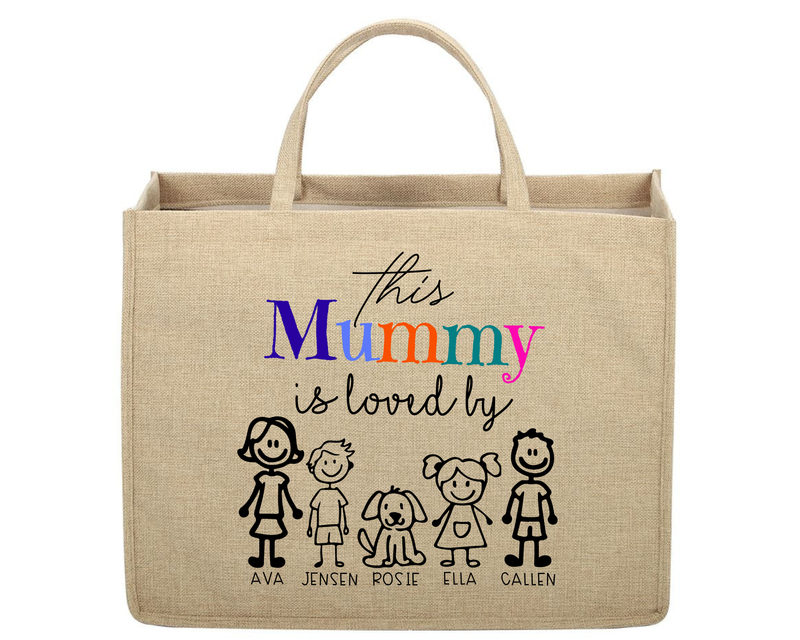 Beige tote bag with colorful text and stick figure illustrations on a white background