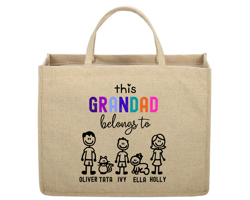 Beige tote bag with colorful text and family illustrations on a white background