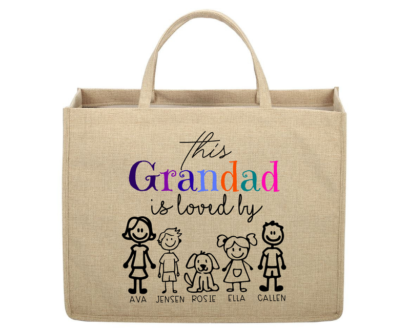 Beige tote bag with colorful text and stick figure family design on a white background