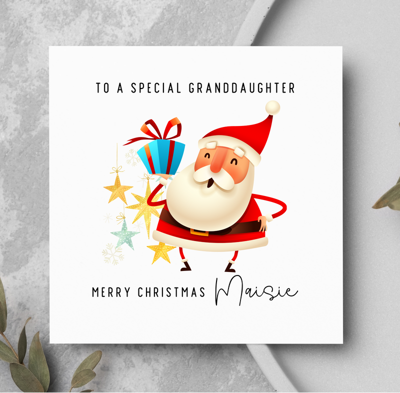 Christmas card with Santa Claus illustration and personalized text on a gray background