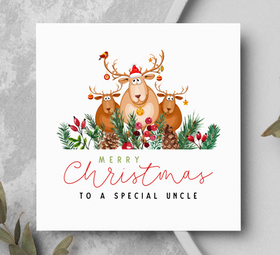Christmas card with reindeer and festive text on a white background