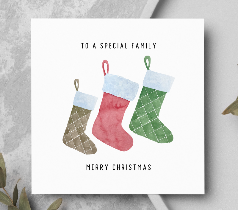 Christmas card with stockings and text &