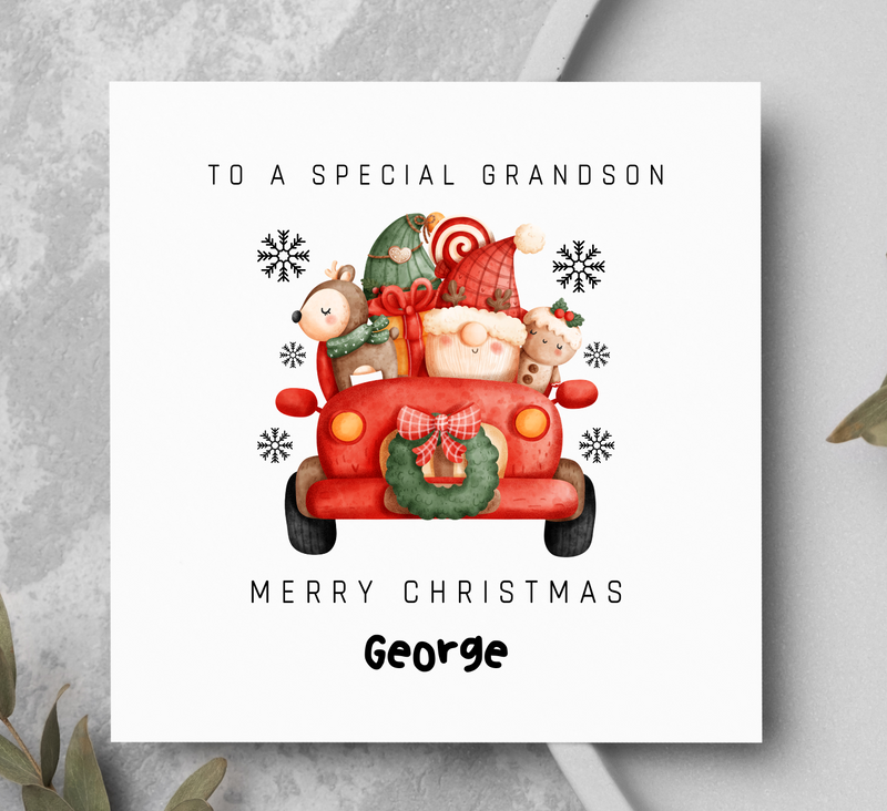 Christmas card for a special grandson with a red truck and Santa Claus illustration on a gray background.
