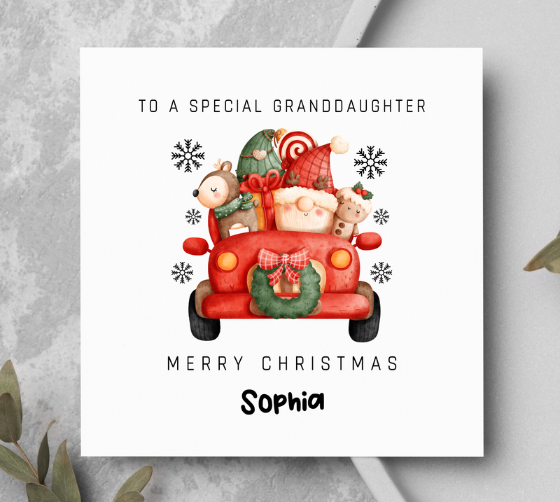 Christmas card with a red truck and Santa Claus, personalized for a special granddaughter.
