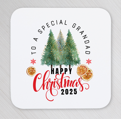 Christmas card with trees, text, and decorative elements on a white background