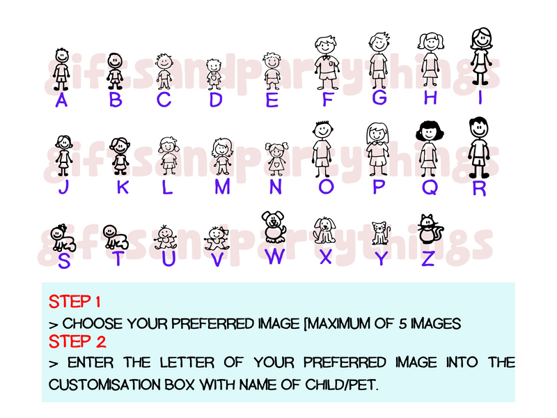 Alphabetical characters with corresponding images and customization instructions on a white background.