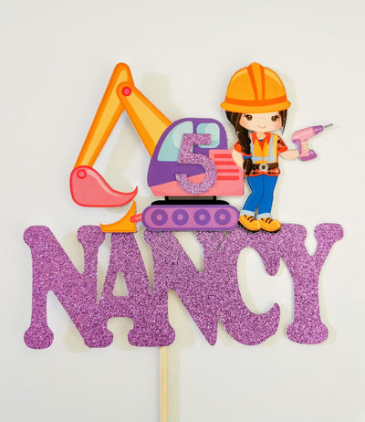 Personalised Girl Construction Digger Cake topper