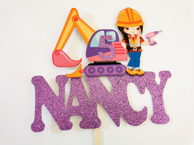 Personalised Girl Construction Digger Cake topper